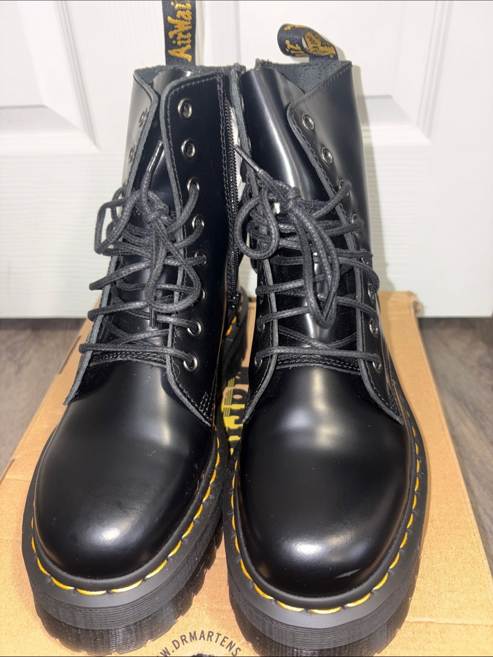 Dr. Martens JADON Black Leather 8-Eye Lace-Up Boots with Yellow Stitching